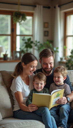 A joyful family of four, including a man, a woman, and two young boys, share a delightful moment reading a book together on a comfortable couch. The warm atmosphere is enhanced by natural light streaming through the windows, creating a scene filled with love, laughter, and the joy of storytelling.の素材