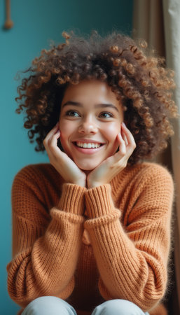 A cheerful young woman with beautiful curly hair beams with joy, resting her chin on her hands against a vibrant teal background. Her warm smile radiates happiness and positivity, inviting viewers to share in her delightful moment.の素材