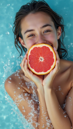 A cheerful young woman with wet hair smiles brightly while holding a vibrant grapefruit in front of her face, surrounded by sparkling water. This lively image captures the essence of summer fun and freshness, evoking feelings of joy and vitality.の素材
