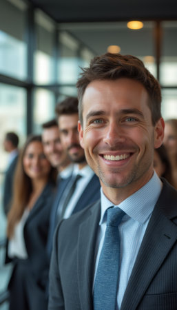 A charismatic businessman stands at the forefront, flashing a bright smile, surrounded by a diverse group of professionals in a modern office. The image radiates positivity and teamwork, showcasing the energy and camaraderie of a successful corporate environment.の素材