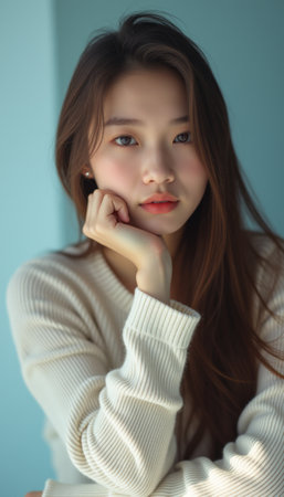 A serene young woman with long, flowing hair gazes thoughtfully into the distance, her chin resting gently on her hand. The soft lighting and pastel background create a calm atmosphere, highlighting her natural beauty and introspective mood.の素材