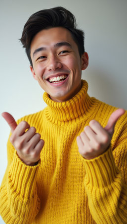 A cheerful young Asian man in a vibrant yellow turtleneck sweater beams with joy, giving two thumbs up. His bright smile radiates positivity and warmth, creating an inviting atmosphere that encourages happiness and confidence.の素材