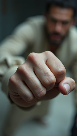 The image captures a close-up of a mans clenched fist, showcasing the intricate details of his skin and the intensity of his grip. This powerful gesture conveys a sense of resolve and assertiveness, inviting viewers to reflect on themes of strength and perseverance.の素材