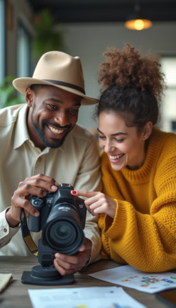 A happy man and woman are closely examining images on a camera, sharing smiles and laughter in a cozy indoor setting. Their warm connection and enthusiasm for graphy create an inviting atmosphere filled with creativity and joy.の素材