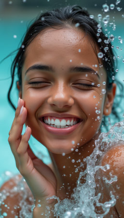 A young girl with dark hair smiles brightly as water droplets cascade around her, capturing a moment of pure joy in a vibrant pool setting. Her radiant expression and playful interaction with the water evoke feelings of happiness and carefree summer days.の素材