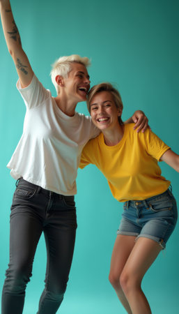 Two young women, one in a white shirt and the other in a yellow tee, share a moment of pure joy against a vibrant turquoise background. Their laughter and playful poses radiate happiness and friendship, capturing the essence of carefree moments spent together.の素材