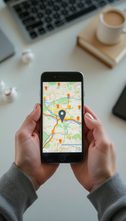 A person holds a smartphone displaying a detailed map with location markers, symbolizing adventure and exploration. The image captures the essence of modern navigation, showcasing the blend of technology and travel in a sleek, minimalistic workspace.の素材