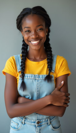 A cheerful young Black woman with braided hair stands confidently, wearing a yellow shirt and denim overalls. Her warm smile radiates positivity and approachability, making the image perfect for conveying happiness and self-assurance.の素材
