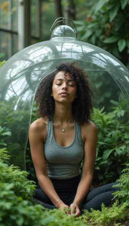 A tranquil woman with curly hair sits cross-legged inside a transparent dome, immersed in natures embrace. The image captures a moment of peace and mindfulness, highlighting the harmony between the individual and the vibrant greenery surrounding her.の素材