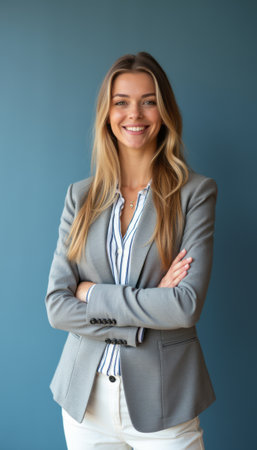 A poised young woman with long blonde hair stands confidently with her arms crossed, exuding professionalism and warmth. Dressed in a stylish gray blazer and a striped blouse, she embodies the modern spirit of success and determination in a sleek office environment.の素材