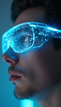A close-up of a young man with striking features, wearing high-tech glasses that emit a vibrant blue glow. The image captures the essence of innovation and technology, highlighting the interplay of light and modernity in a captivating way.の素材