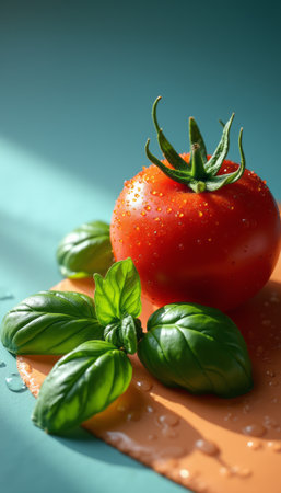 A vibrant red tomato sits atop a warm orange surface, surrounded by lush green basil leaves, all adorned with glistening water droplets. This image captures the essence of freshness and culinary delight, evoking a sense of health and flavor in every detail.の素材