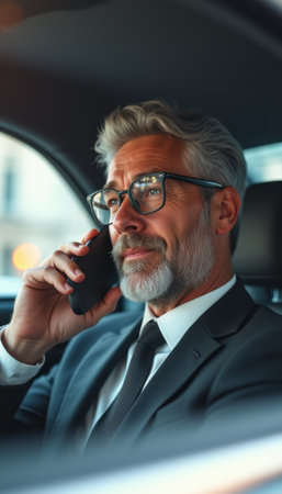 A distinguished man with silver hair and glasses sits in a luxury car, engaged in a thoughtful phone conversation. His poised demeanor and sharp suit reflect professionalism and success, capturing the essence of modern business life.の素材
