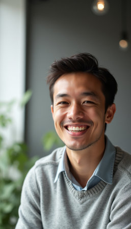A joyful young Asian man with a warm smile is captured in a relaxed indoor environment, surrounded by soft greenery. His friendly demeanor and stylish sweater create an inviting atmosphere, perfect for conveying happiness and approachability.の素材