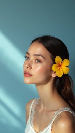 A stunning young woman with a delicate yellow flower tucked behind her ear gazes softly at the camera, exuding natural elegance. The serene blue background enhances her glowing complexion, creating a tranquil and inviting atmosphere.の素材