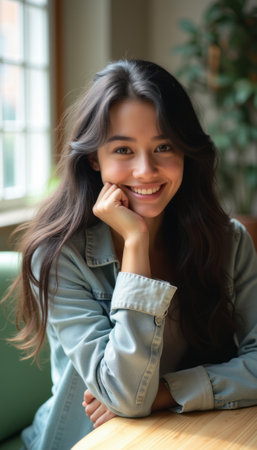 A joyful young woman with long, flowing hair rests her chin on her hand, radiating happiness in a cozy indoor setting. The soft natural light highlights her bright smile, creating an inviting atmosphere that captures the essence of warmth and friendliness.の素材