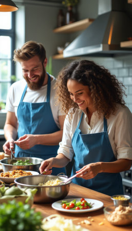 A happy couple, a man and a woman, are joyfully preparing a meal in a warm, inviting kitchen filled with natural light. Their laughter and teamwork create a delightful atmosphere, showcasing the joy of cooking and sharing moments together.の素材