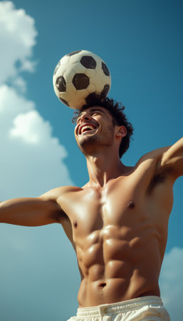 A muscular young man with a beaming smile skillfully balances a soccer ball on his head against a vibrant blue sky. This dynamic image captures the essence of joy and athleticism, showcasing the thrill of soccer and the exuberance of youth.の素材