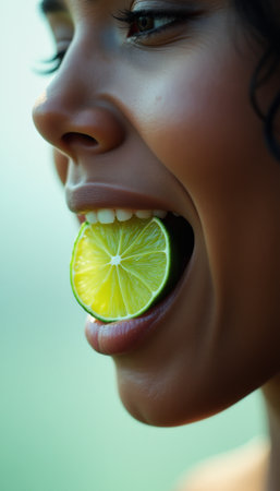 A close-up of a joyful woman with curly hair, playfully holding a vibrant lime slice in her mouth, radiating freshness and fun. The image captures the essence of summer and zest for life, highlighting her glowing skin and the bright green of the lime.の素材