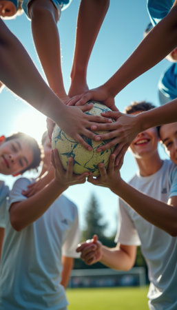 A group of enthusiastic teenage boys, with diverse ethnic backgrounds, joyfully gather around a soccer ball, their hands reaching in from all sides. The bright sunlight creates a warm glow, highlighting their smiles and the camaraderie that defines teamwork and friendship on the field.の素材
