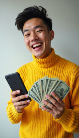 A cheerful young Asian man in a vibrant yellow sweater beams with excitement while holding a smartphone in one hand and a fan of cash in the other. His infectious smile radiates happiness, capturing the thrill of financial success and modern technology.の素材