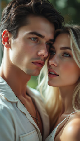 A close-up of a young couple, a man and a woman, sharing a tender moment, their faces almost touching. The image captures the deep connection and affection between them, highlighted by their striking blue eyes and soft, natural lighting.の素材