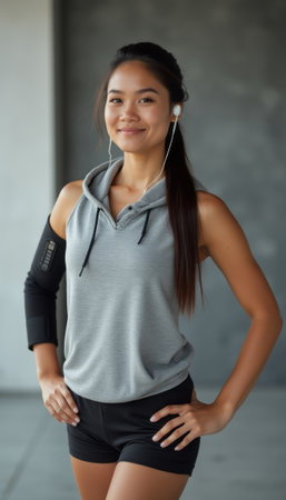 A fit young woman stands confidently in athletic wear, showcasing her readiness for a workout. With a bright smile and earbuds in, she embodies motivation and determination, inspiring others to embrace an active lifestyle.の素材