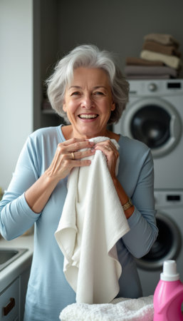 An elderly woman with silver hair beams with joy while holding a fluffy white towel in a modern laundry room. The scene radiates warmth and happiness, showcasing the simple pleasures of daily life and the comfort of home.の素材