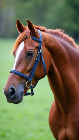 This stunning chestnut horse stands gracefully against a lush green backdrop, showcasing its sleek coat and expressive features. The horses elegant demeanor and shiny mane evoke a sense of strength and beauty, making it a captivating subject for equine enthusiasts.の素材
