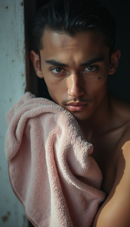 A striking young man with dark hair and captivating eyes gazes intensely at the camera, holding a soft pink towel against his shoulder. The image captures a moment of vulnerability and strength, highlighting the contrast between his serious expression and the gentle texture of the towel.の素材