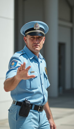 A confident police officer in a light blue uniform stands firmly, raising his hand in a stop gesture against a modern building backdrop. His commanding presence and serious expression convey a sense of authority and vigilance, emphasizing the importance of safety and law enforcement.の素材