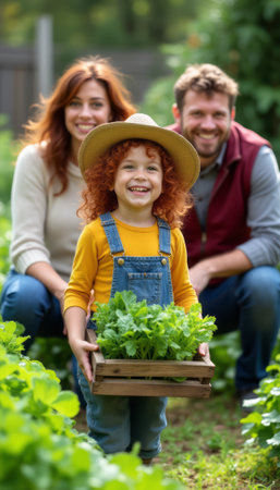 A cheerful child with curly red hair proudly carries a wooden crate of fresh greens in a lush garden, flanked by smiling parents. The scene radiates warmth and happiness, showcasing family bonding and the joy of gardening together in a vibrant, green environment.の素材