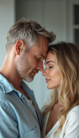 A loving couple shares a tender moment, foreheads gently touching, their eyes closed in a serene embrace. This image captures the essence of romance and connection, highlighting the deep emotional bond between them.の素材