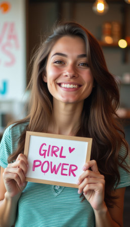 A cheerful young woman with long, flowing hair beams with joy as she holds a sign that boldly states Girl Power. Her vibrant smile radiates confidence and positivity, embodying the spirit of empowerment and female strength.の素材