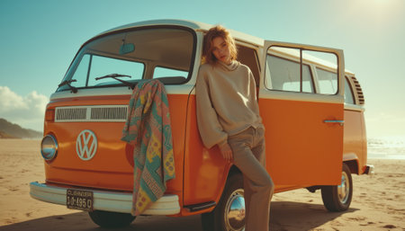 A stylish woman in casual attire leans against a vibrant orange Volkswagen van, basking in the warm glow of a beach sunset. The scene captures a carefree spirit of adventure and nostalgia, with soft waves lapping at the shore and a colorful blanket draped over the van.の素材