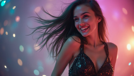 A radiant young woman with long, flowing hair smiles brightly as she dances amidst a backdrop of colorful, shimmering lights. Her sparkling outfit captures the essence of celebration, evoking feelings of joy and excitement in a lively atmosphere.の素材