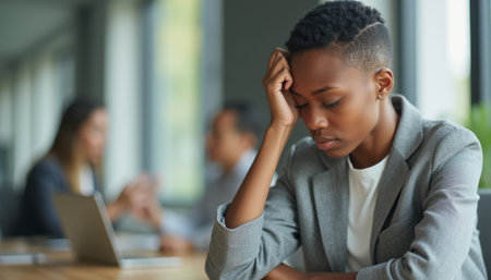 A young Black woman sits pensively in a stylish office, her hand resting on her forehead as she reflects deeply. The atmosphere conveys a sense of stress and contemplation, with blurred colleagues engaged in discussion in the background.の素材