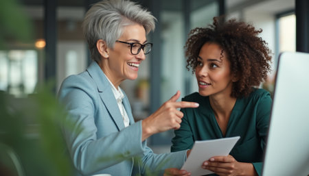 In a bright, contemporary office, a joyful older woman with short silver hair and glasses engages with a younger woman of African descent, who is attentively listening. Their dynamic interaction highlights teamwork and mentorship, showcasing the power of collaboration across generations.の素材