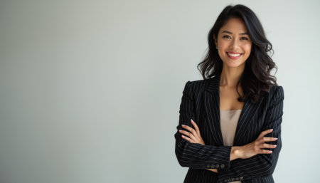 A poised Asian woman in a stylish pinstripe suit stands confidently with her arms crossed, exuding professionalism and warmth. Her radiant smile and elegant attire create an inviting atmosphere, perfect for corporate or personal branding.の素材