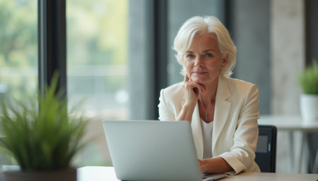 A poised senior woman with silver hair sits thoughtfully at a sleek desk, gazing at her laptop in a bright, modern office. The scene radiates professionalism and calm, with lush green plants adding a touch of nature to the contemporary workspace.の素材