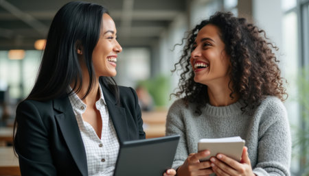 Two women, one with long straight hair in a blazer and the other with curly hair in a cozy sweater, share laughter in a bright office space. Their expressions radiate happiness and camaraderie, highlighting the warmth of friendship and collaboration in a professional environment.の素材