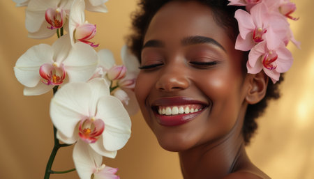 A joyful woman with a radiant smile is surrounded by delicate pink orchids, exuding warmth and beauty. Her glowing skin and vibrant expression create an enchanting atmosphere, celebrating nature and femininity.の素材
