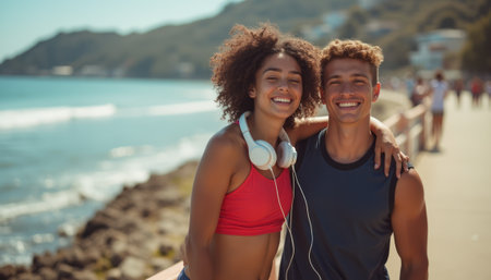 A happy young couple, a Black woman and a Caucasian man, smile brightly while standing by the beach, radiating joy and connection. Their casual attire and headphones suggest a carefree day filled with music and laughter, perfectly capturing the essence of summer fun.の素材