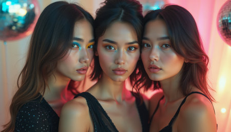 Three stunning women with diverse features pose closely together, radiating confidence and beauty against a vibrant, colorful backdrop. Their striking makeup and expressive gazes create an enchanting atmosphere, perfect for celebrating friendship and individualityの素材