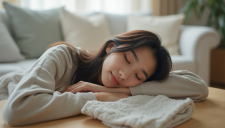 A young Asian woman with long hair rests her head on her arms, exuding tranquility in a softly lit living room. The warm atmosphere, complemented by plush cushions and a gentle color palette, invites a sense of calm and relaxation.の素材