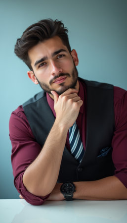 A handsome young man with a well-groomed beard poses thoughtfully, wearing a maroon shirt and a sleek vest. His confident expression and stylish watch convey a sense of sophistication and modern elegance.の素材