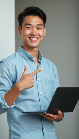 A smiling young Asian man holds a laptop while pointing at it, exuding confidence and enthusiasm. His casual blue shirt complements the modern, minimalistic background, creating a vibrant atmosphere of positivity and professionalism.の素材