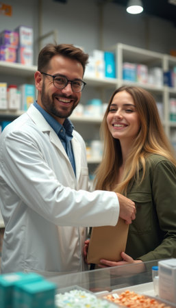 A cheerful pharmacist in a white coat hands a package to a happy woman in a green jacket, set against a backdrop of colorful pharmacy shelves. This warm interaction highlights trust and care in healthcare, showcasing the bond between professionals and customers.の素材