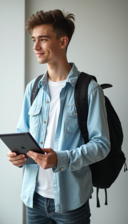 A cheerful young man stands by a window, holding a tablet and wearing a light blue shirt with a backpack. His bright smile and relaxed posture convey a sense of confidence and readiness for the day ahead.の素材