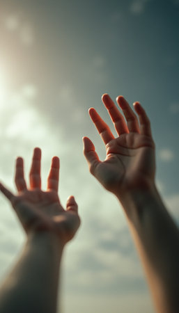 Two hands stretch upward against a backdrop of soft clouds and a glowing sun, symbolizing hope and aspiration. The image captures a moment of yearning and positivity, inviting viewers to embrace their dreams and reach for the sky.の素材